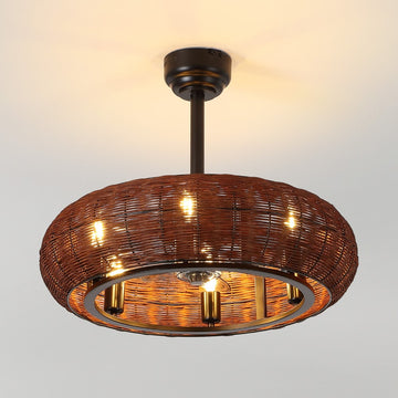 Cassidy 23" 6-Light Modern Bohemian 6-Speed Metal/Rattan Mobile-App/Remote-Controlled Height-Adjustable Lantern LED Ceiling Fan - JONATHAN Y